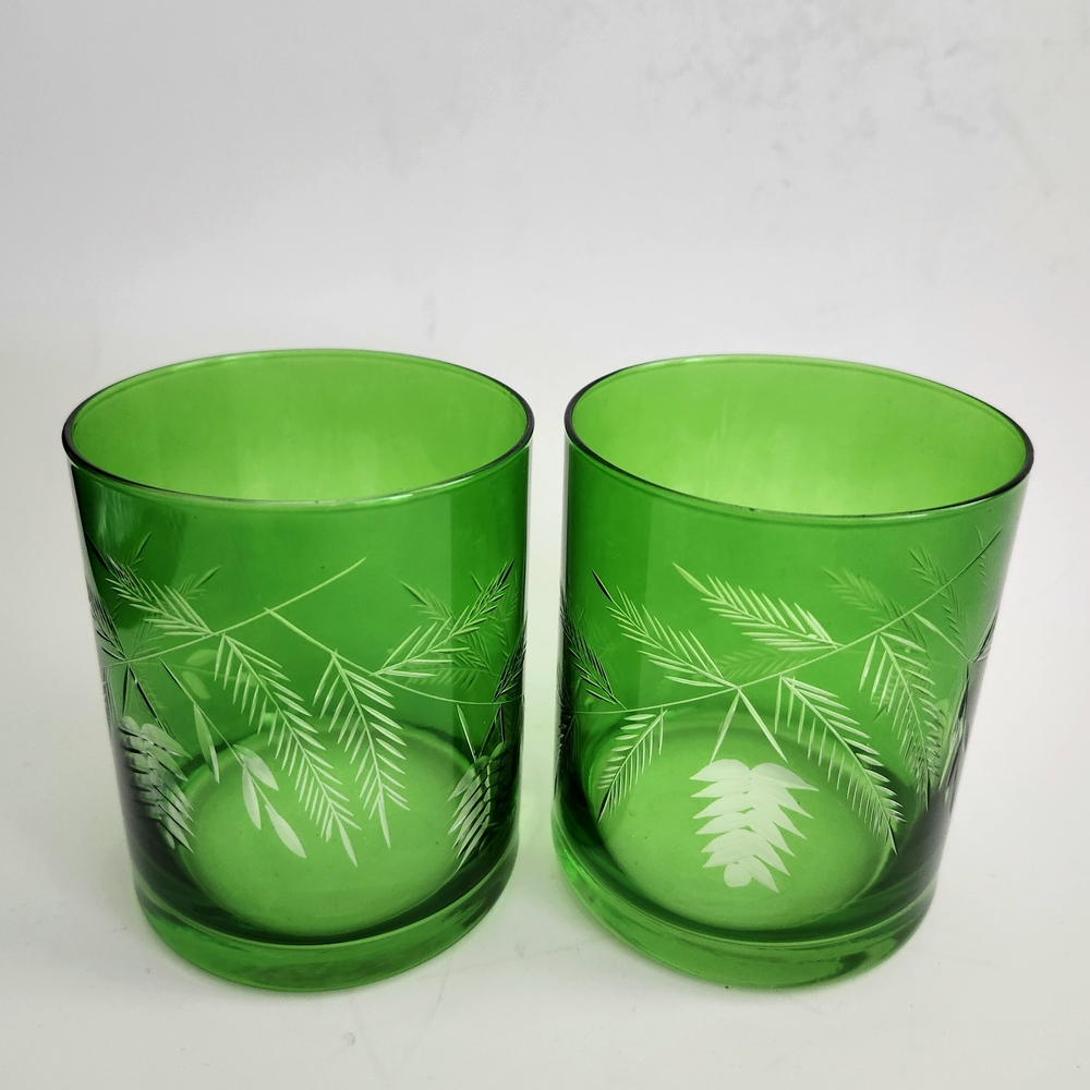 Set of 2 Etched Bohemian Green Glass Tumbler, Glass for Whiskey, Cocktail Glass